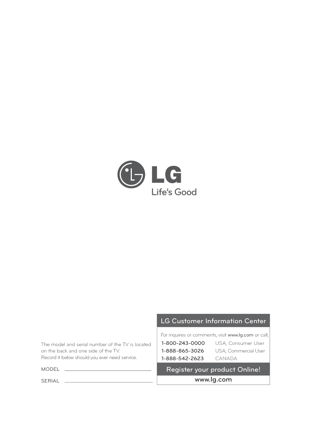 LG Electronics 55LA9700 owner manual LG Customer Information Center 