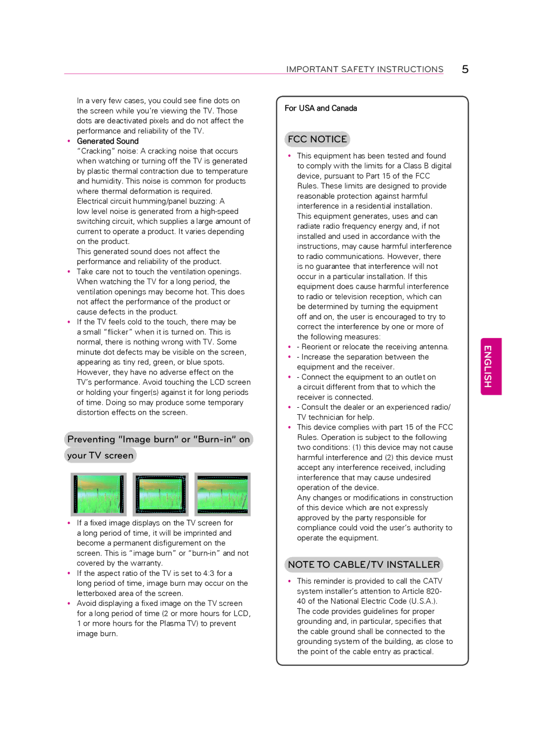 LG Electronics 55LA9700 Preventing Image burn or Burn-in on your TV screen, YyGenerated Sound, For USA and Canada 