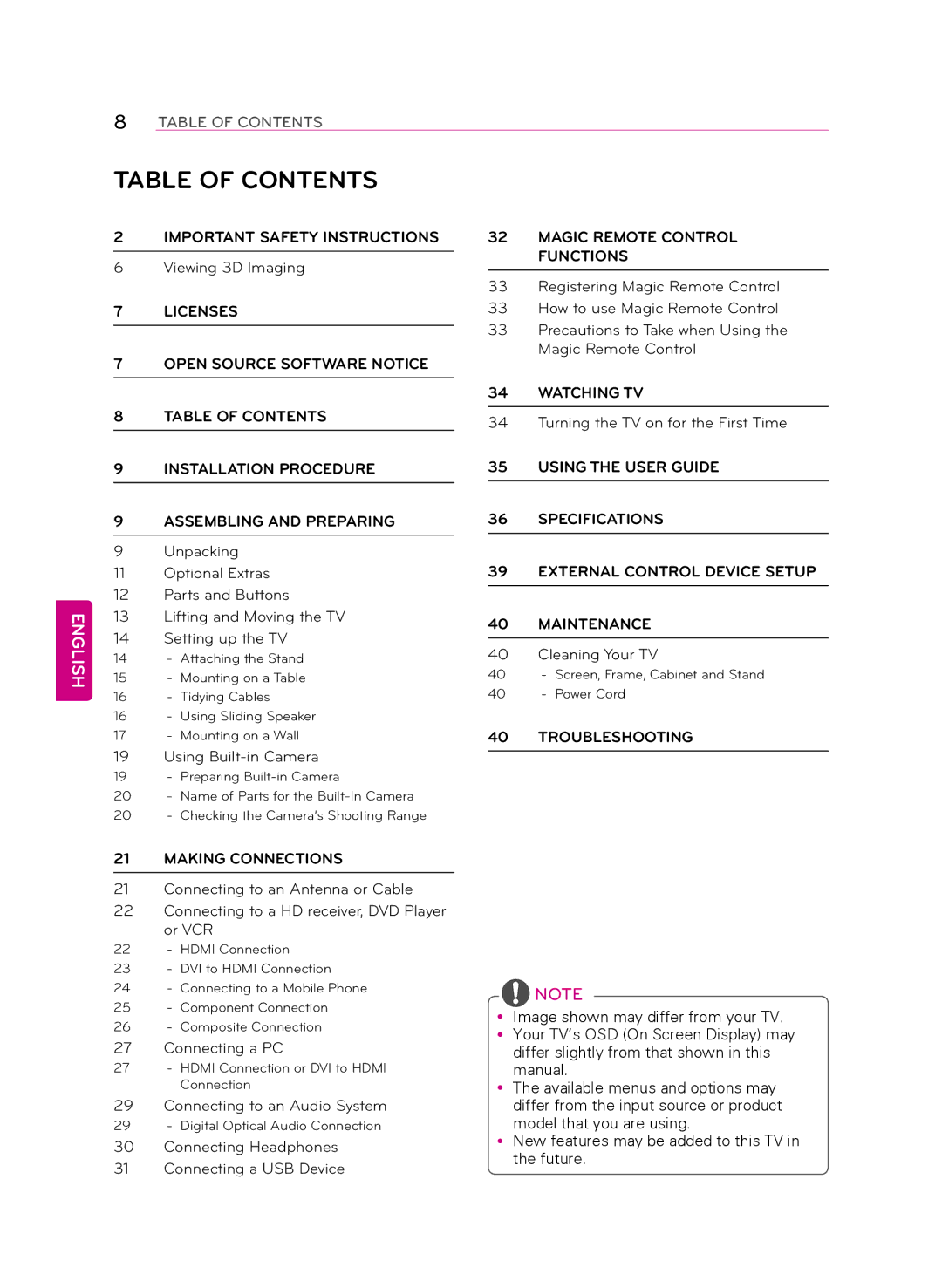 LG Electronics 55LA9700 owner manual Table of Contents 