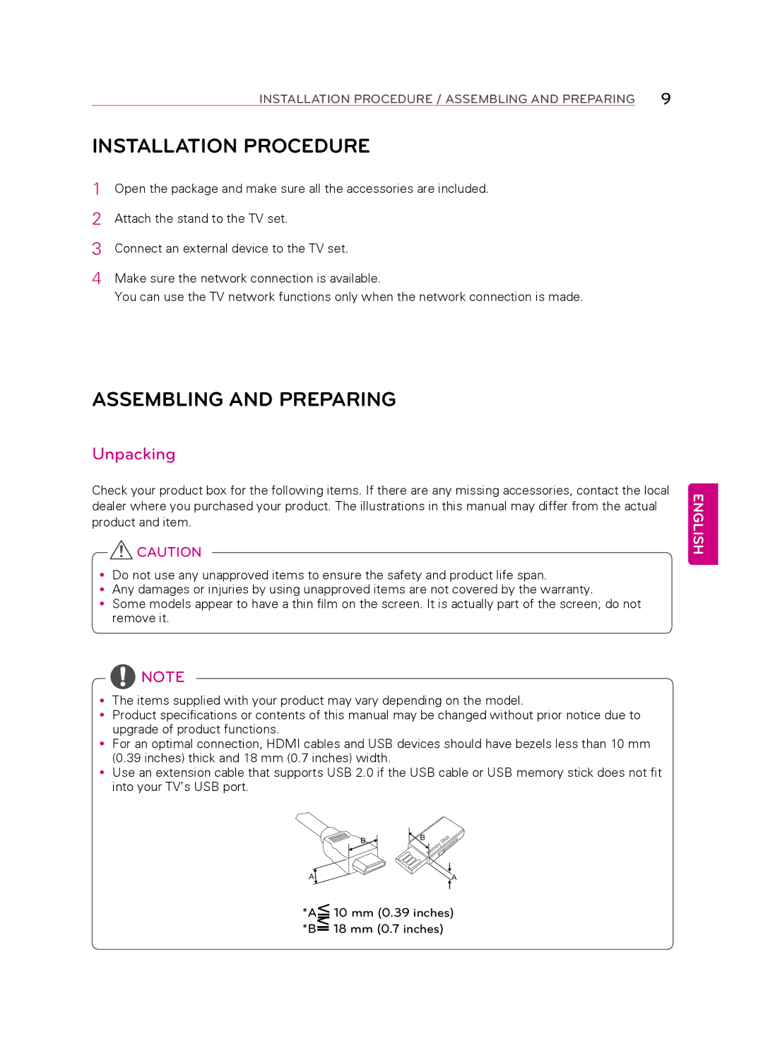 LG Electronics 55LA9700 owner manual Assembling and Preparing, Unpacking 