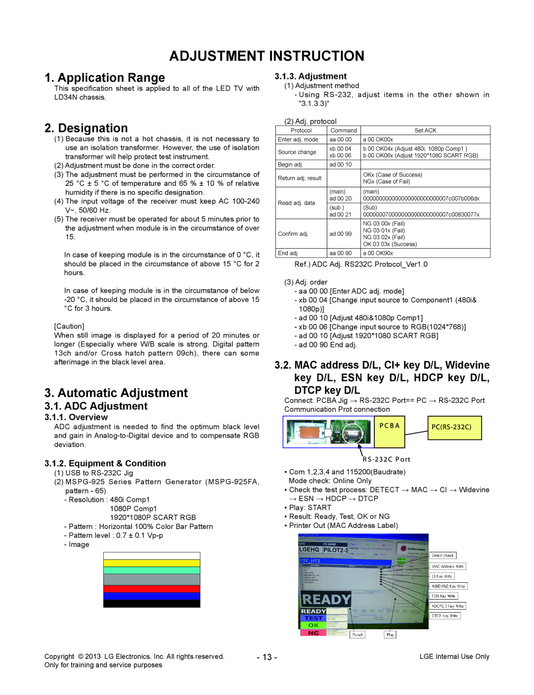 LG Electronics 55LA970V/W/9-ZA Adjustment Instruction, Designation, Automatic Adjustment, ADC Adjustment, Dtcp key D/L 