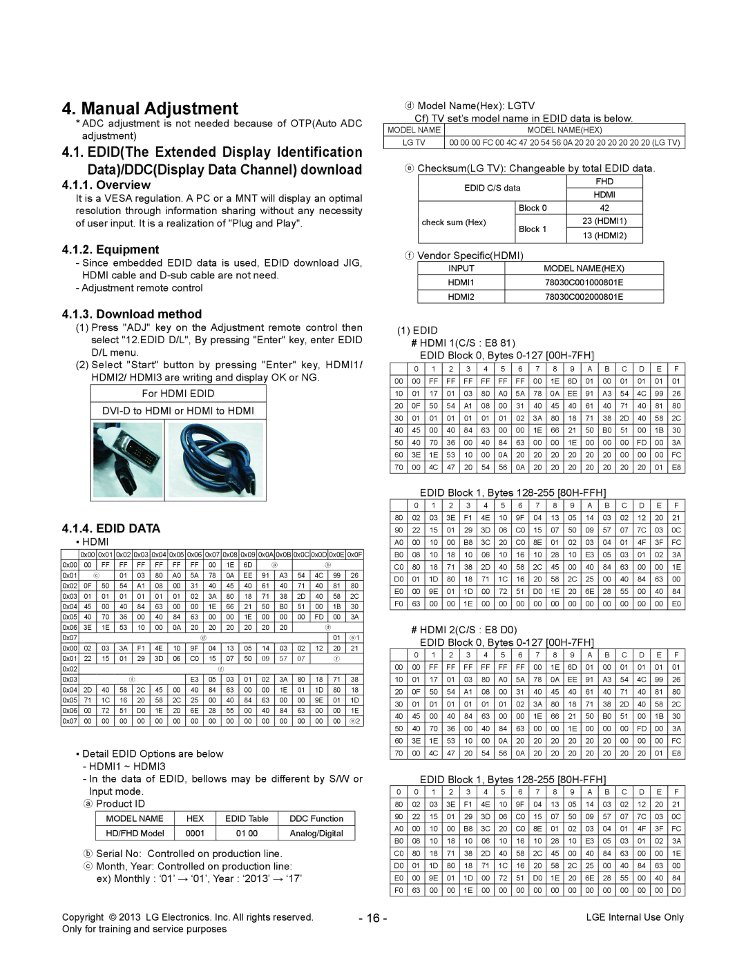 LG Electronics 55LA970V/W/9-ZA service manual Manual Adjustment, Equipment, Download method, Edid Data 