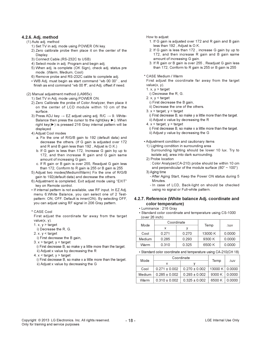 LG Electronics 55LA970V/W/9-ZA service manual Adj. method, Reference White balance Adj. coordinate Color temperature 