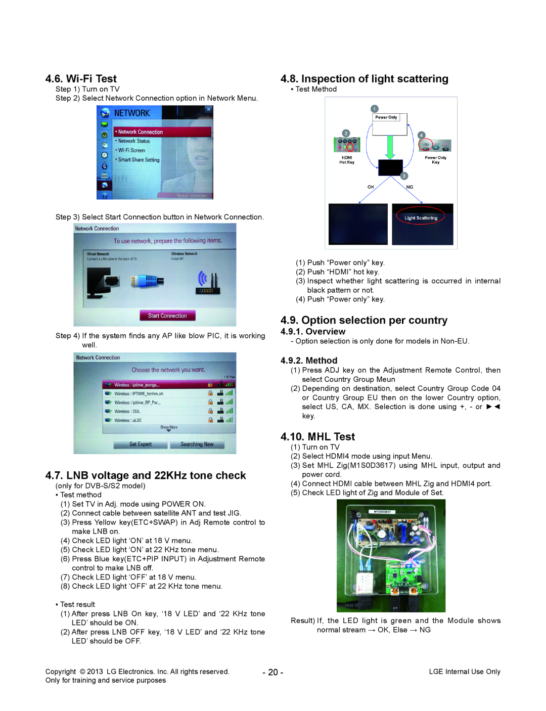 LG Electronics 55LA970V/W/9-ZA Wi-Fi Test, LNB voltage and 22KHz tone check, Inspection of light scattering, MHL Test 