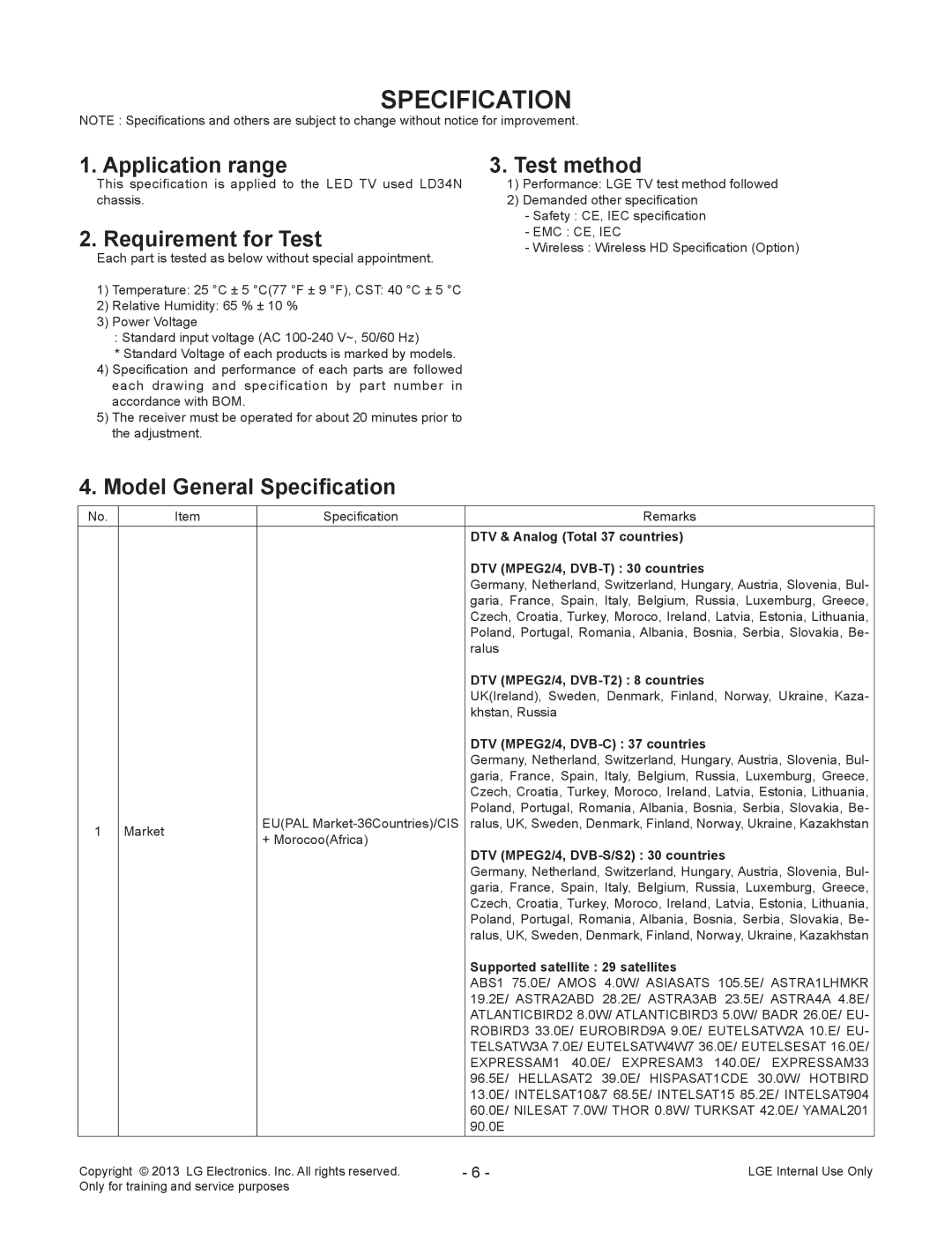 LG Electronics 55LA970V/W/9-ZA service manual Specification, Application range, Requirement for Test, Test method 