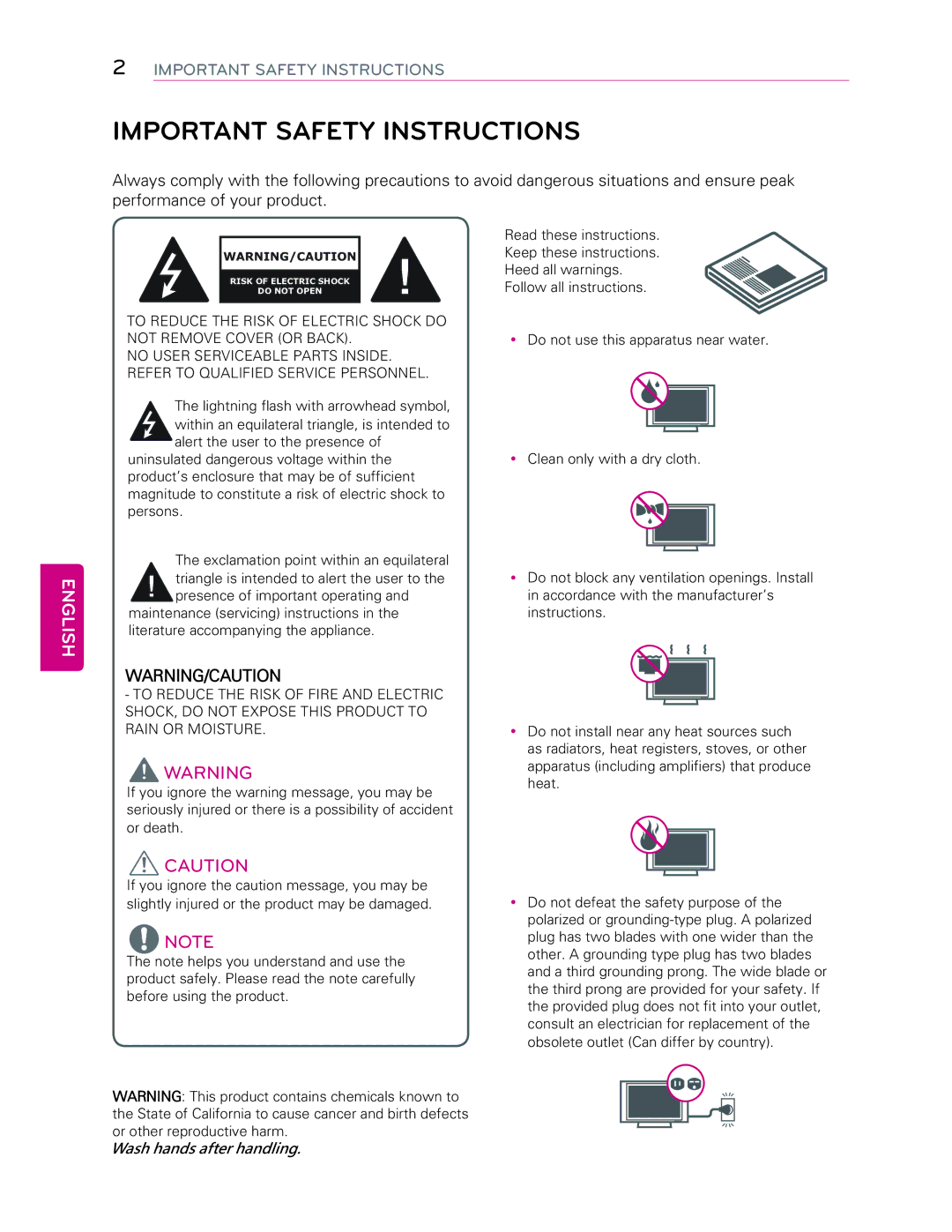 LG Electronics 55LB7200 owner manual Important Safety Instructions, English 