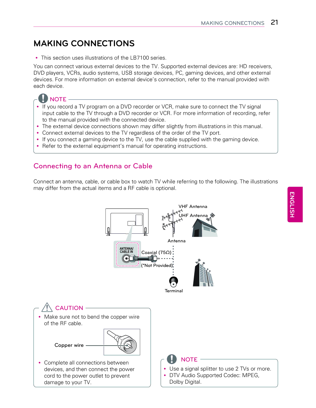 LG Electronics 55LB7200 owner manual Making Connections, Connecting to an Antenna or Cable, Coaxial 75Ω 