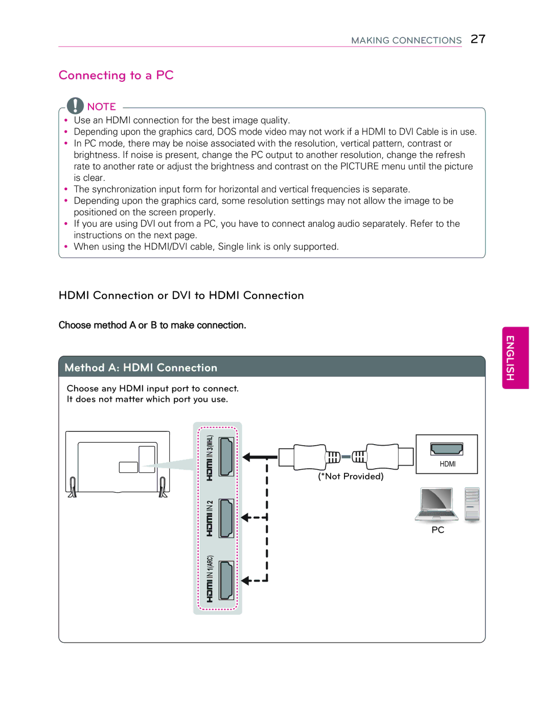 LG Electronics 55LB7200 owner manual Connecting to a PC, Hdmi Connection or DVI to Hdmi Connection 