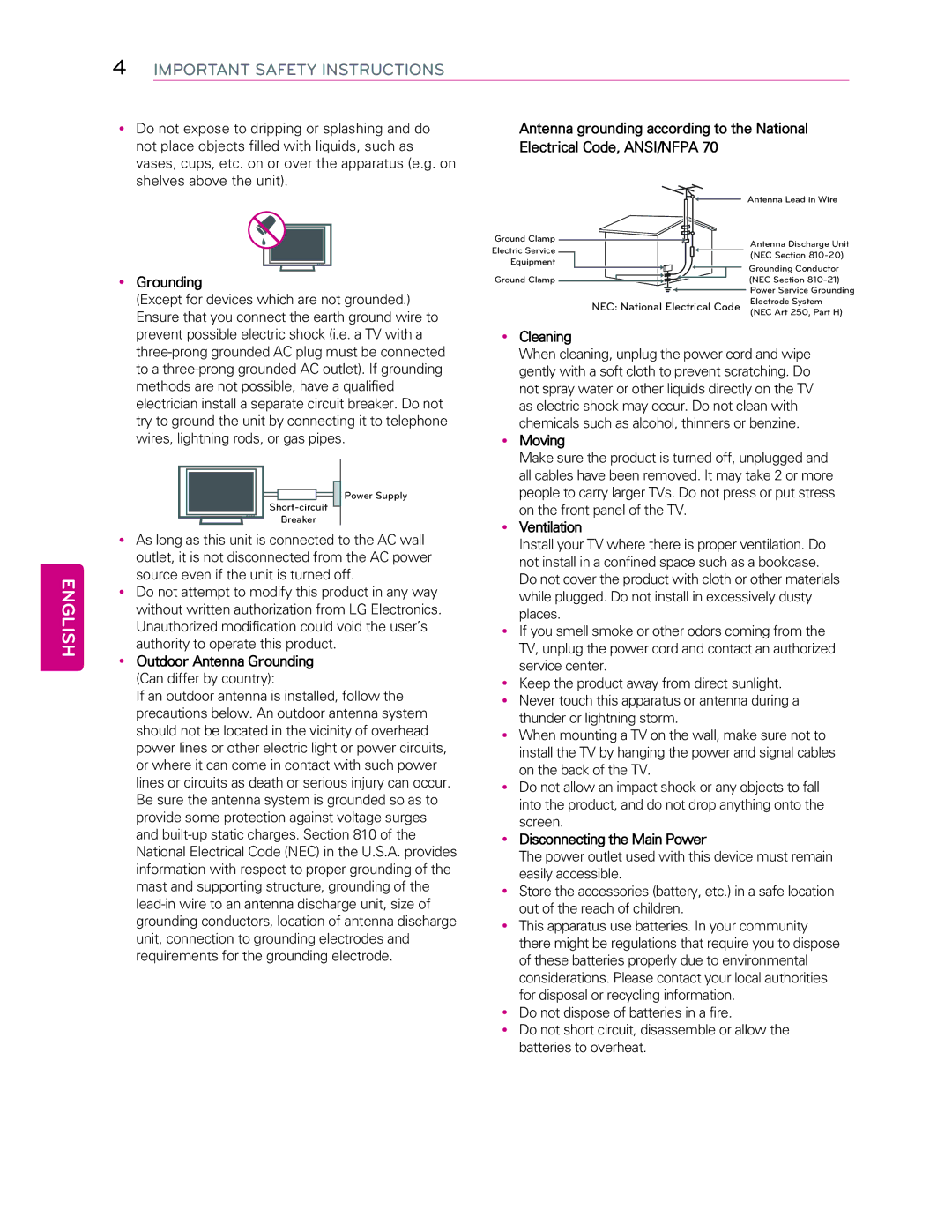 LG Electronics 55LB7200 YOutdoor Antenna Grounding, YCleaning, YMoving, YVentilation, YDisconnecting the Main Power 