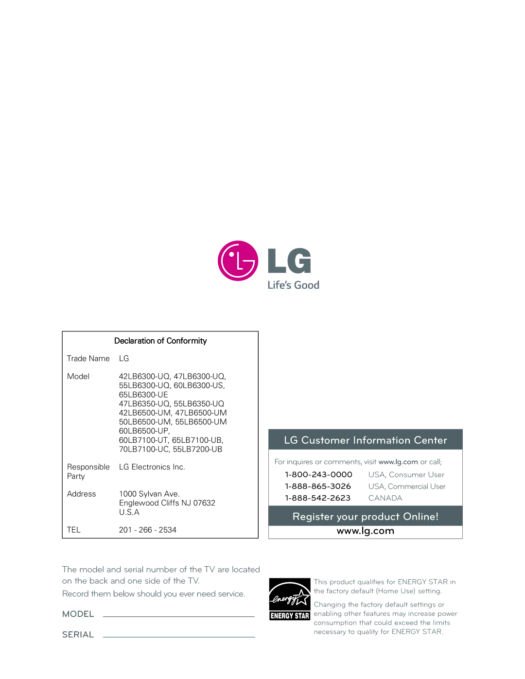 LG Electronics 55LB7200 owner manual Register your product Online, Declaration of Conformity 