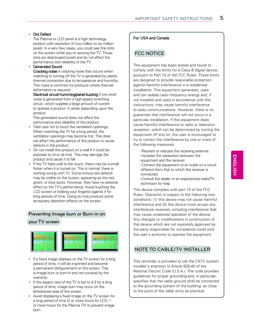 LG Electronics 55LB7200 owner manual YDot Defect, YGenerated Sound, For USA and Canada 