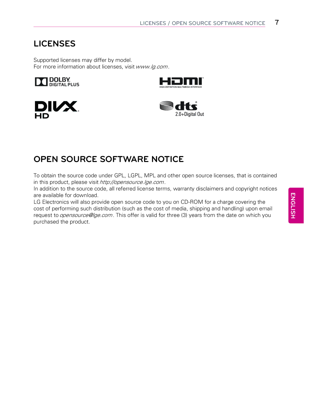 LG Electronics 55LB7200 owner manual Licenses, Open Source Software Notice 