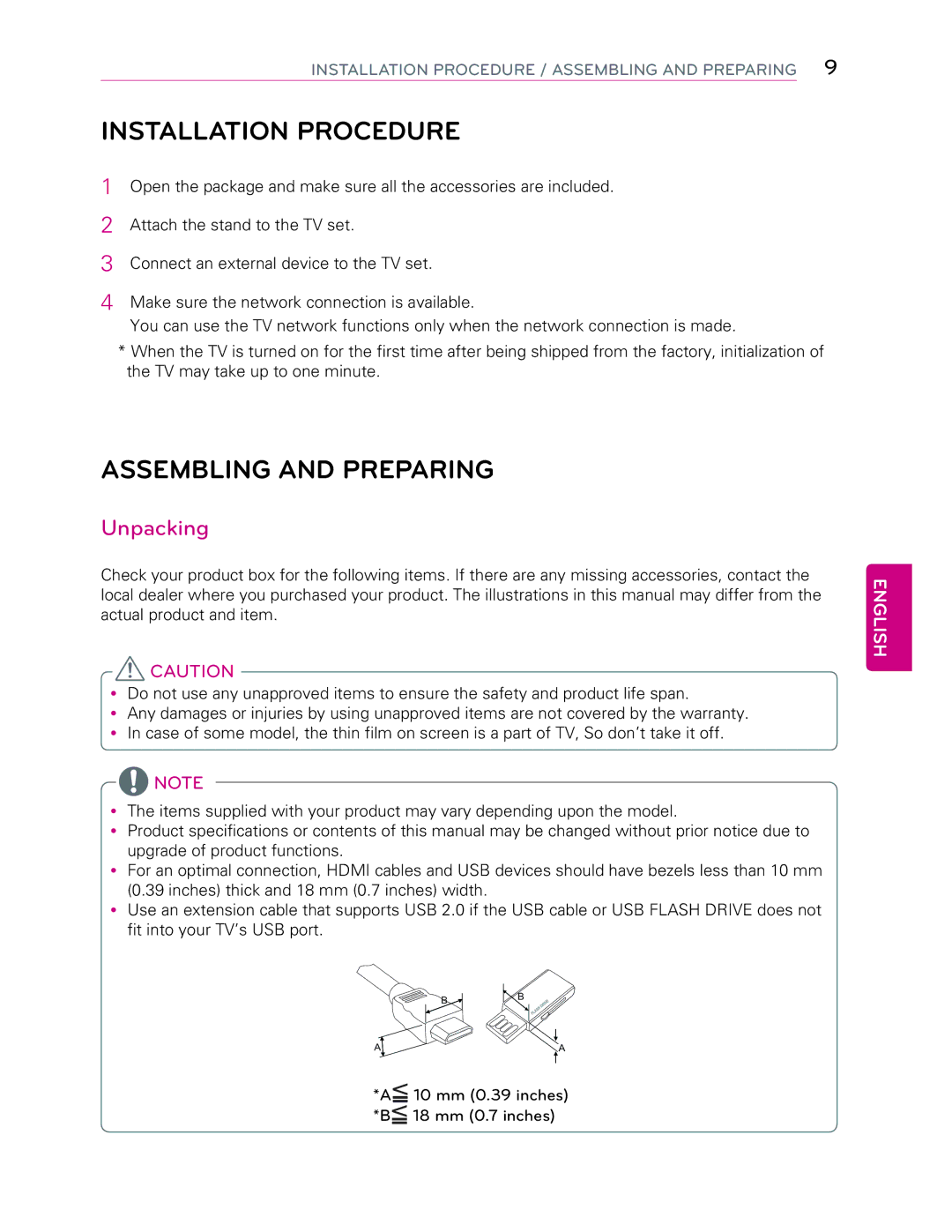 LG Electronics 55LB7200 owner manual Installation Procedure, Assembling and Preparing, Unpacking 