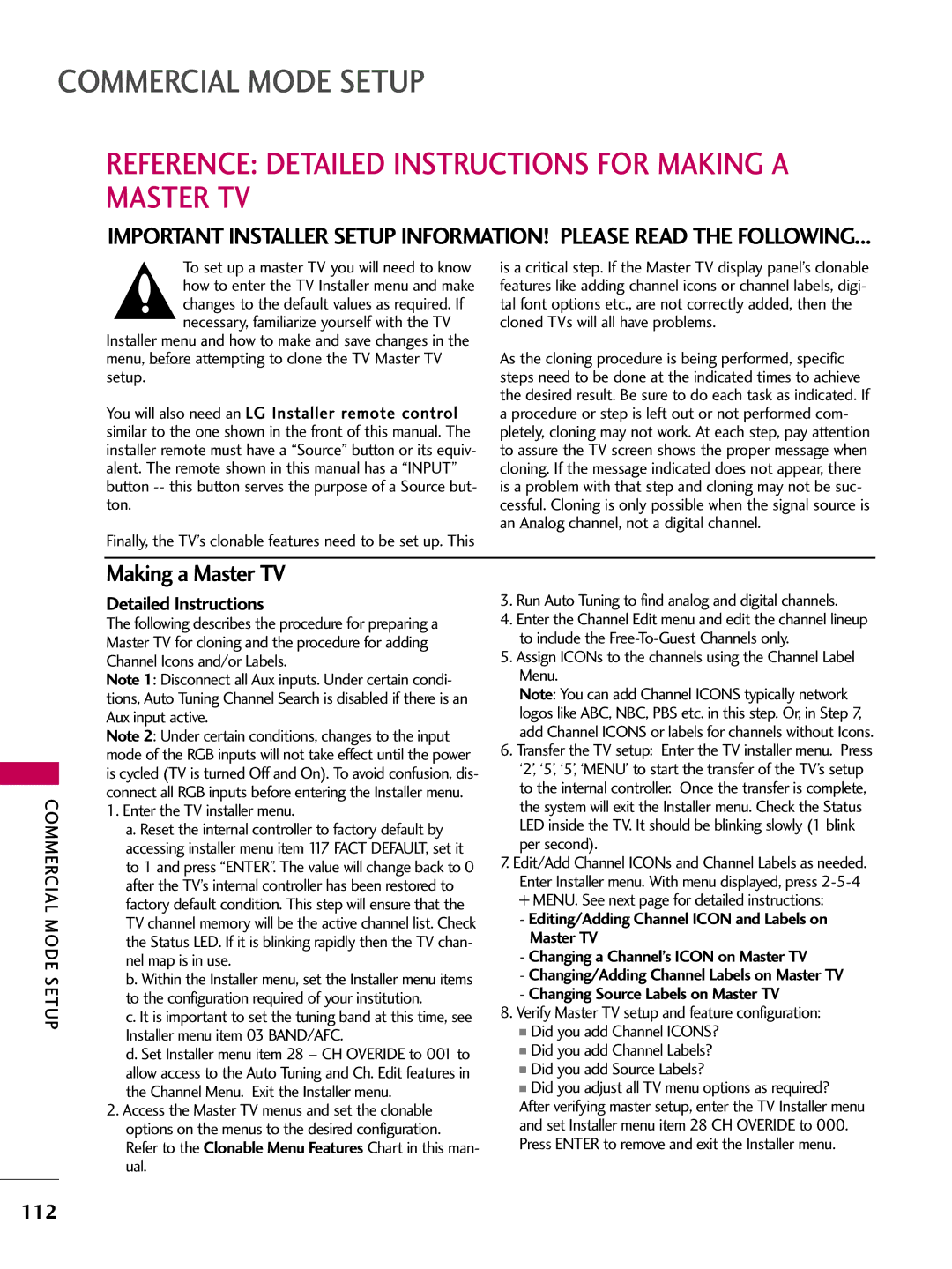 LG Electronics 55LD650H, 47LD650H Reference Detailed Instructions for Making a Master TV, Enter the TV installer menu 