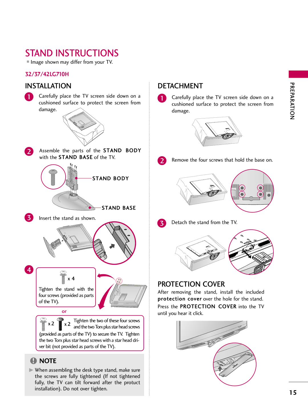 LG Electronics 42LD650H, 55LD650H, 47LD650H, 42LD655H Stand Instructions, Stand Body Stand Base, Insert the stand as shown 