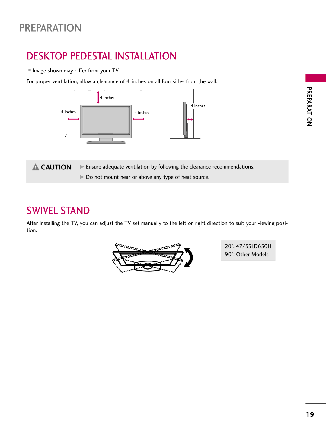 LG Electronics 37LD655H, 55LD650H, 47LD650H, 42LD655H, 37LD650H, 32LD650H, 32LD655H Desktop Pedestal Installation, Swivel Stand 