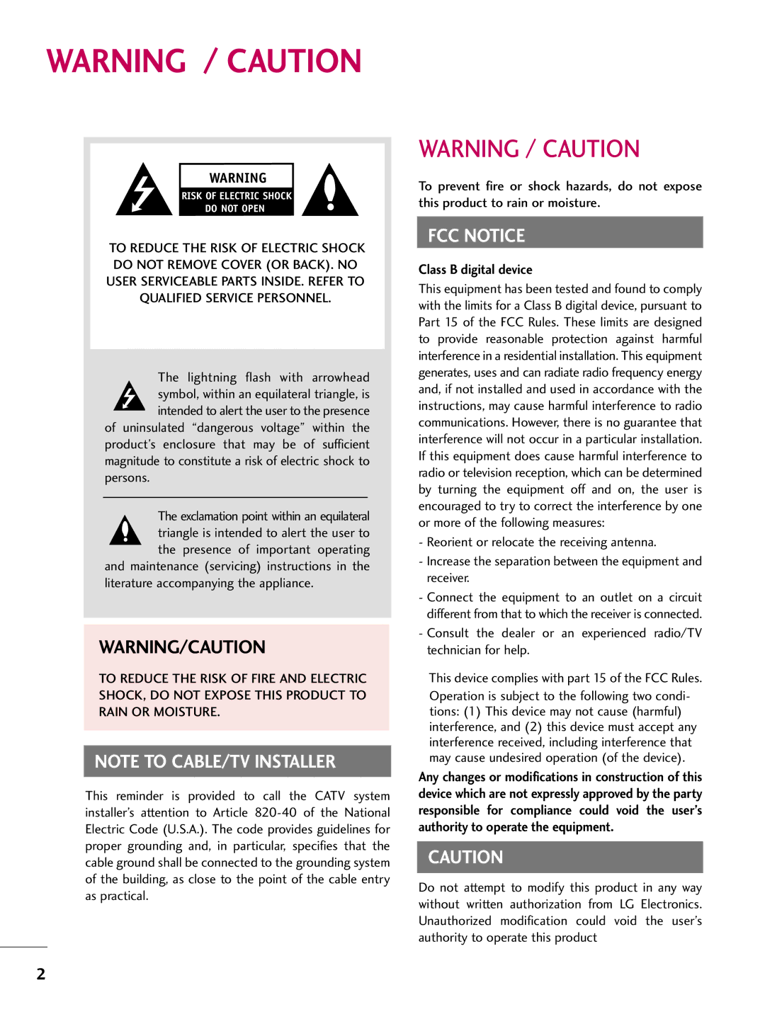 LG Electronics 42LD655H, 55LD650H, 47LD650H, 37LD655H, 37LD650H, 32LD650H, 32LD655H, 42LD650H owner manual FCC Notice 