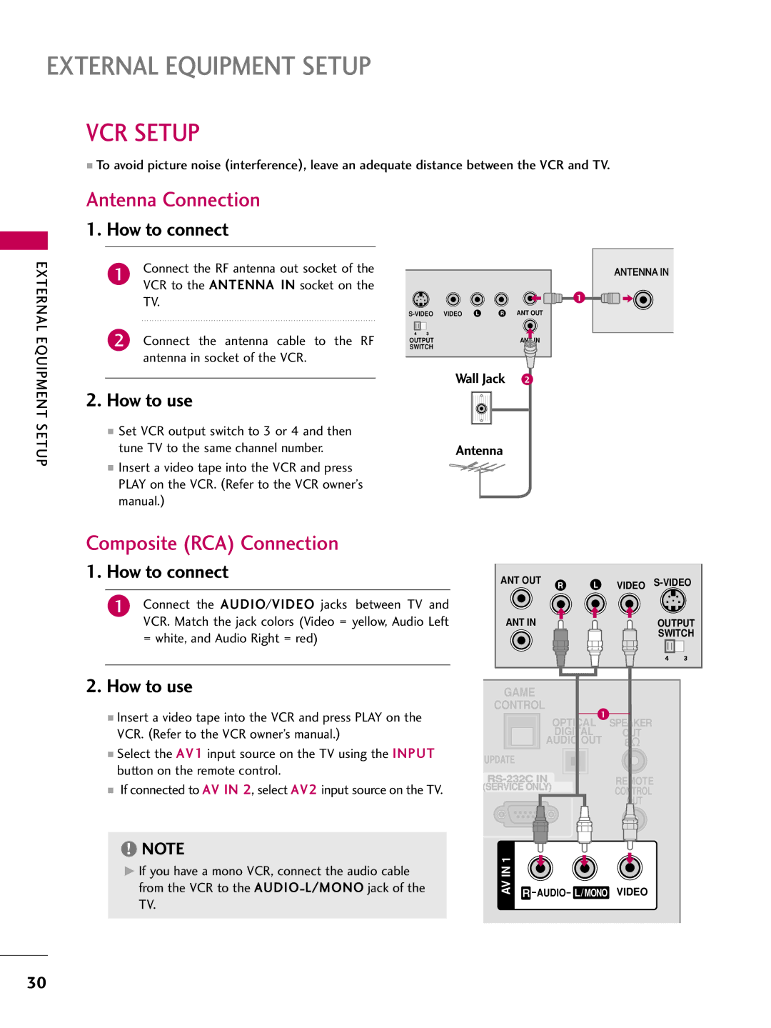 LG Electronics 32LD655H, 55LD650H, 47LD650H, 42LD655H, 37LD655H VCR Setup, Antenna Connection, Composite RCA Connection 