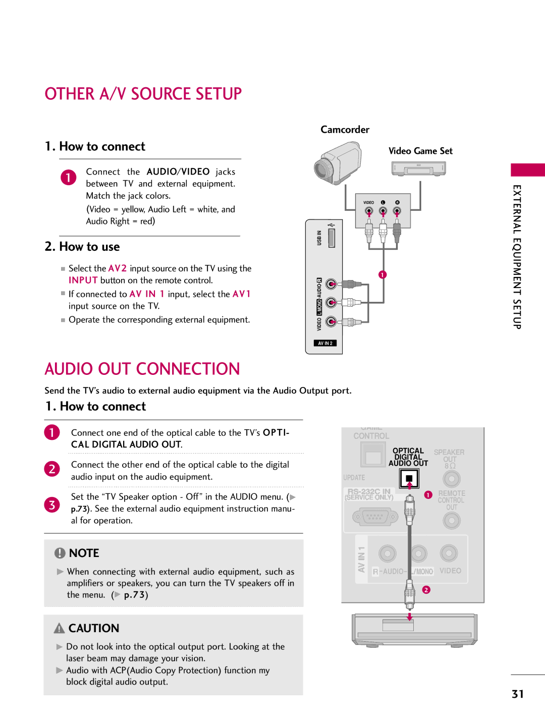 LG Electronics 42LD650H, 55LD650H, 47LD650H Other A/V Source Setup, Audio OUT Connection, Camcorder, CAL Digital Audio OUT 