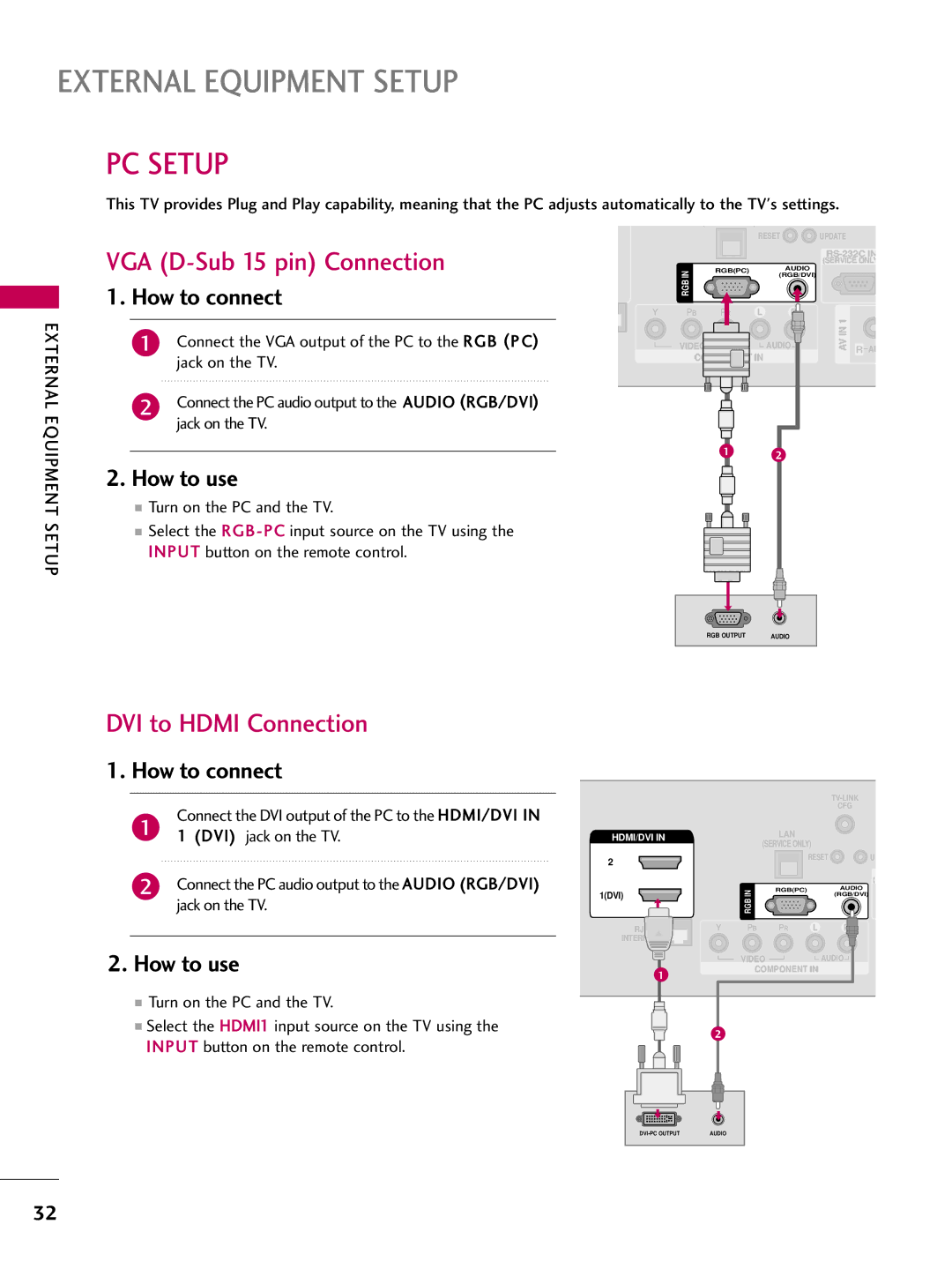 LG Electronics 55LD650H, 47LD650H, 42LD655H, 37LD655H, 37LD650H, 32LD650H, 32LD655H PC Setup, VGA D-Sub 15 pin Connection 