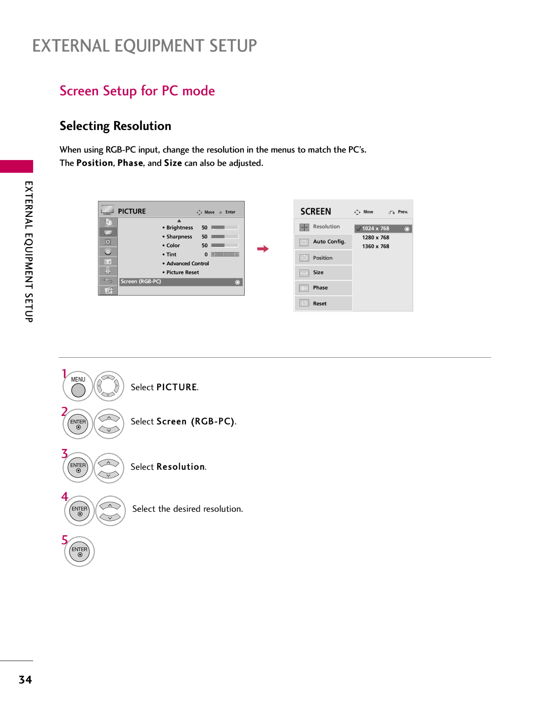 LG Electronics 42LD655H, 55LD650H, 47LD650H, 37LD655H Screen Setup for PC mode, Selecting Resolution, External Equipment 