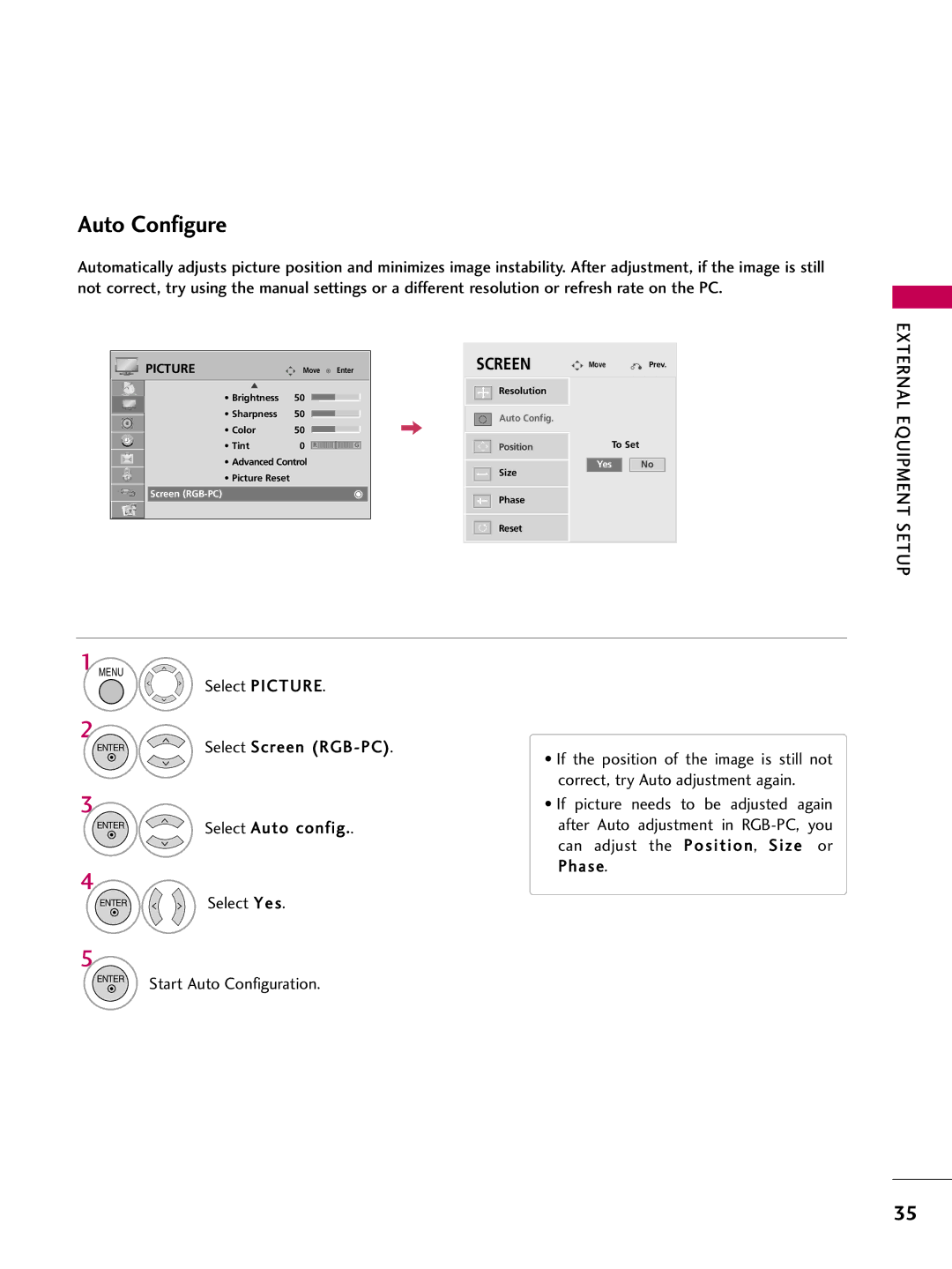 LG Electronics 37LD655H, 55LD650H, 47LD650H Auto Configure, Select Auto config, Select Yes, Start Auto Configuration 