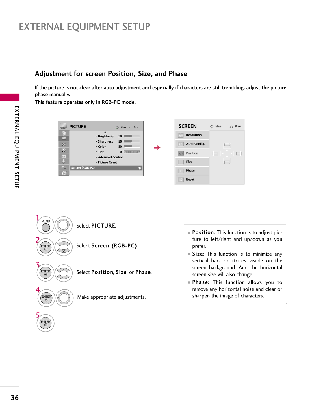 LG Electronics 37LD650H, 55LD650H, 47LD650H, 42LD655H, 37LD655H, 32LD650H Adjustment for screen Position, Size, and Phase 