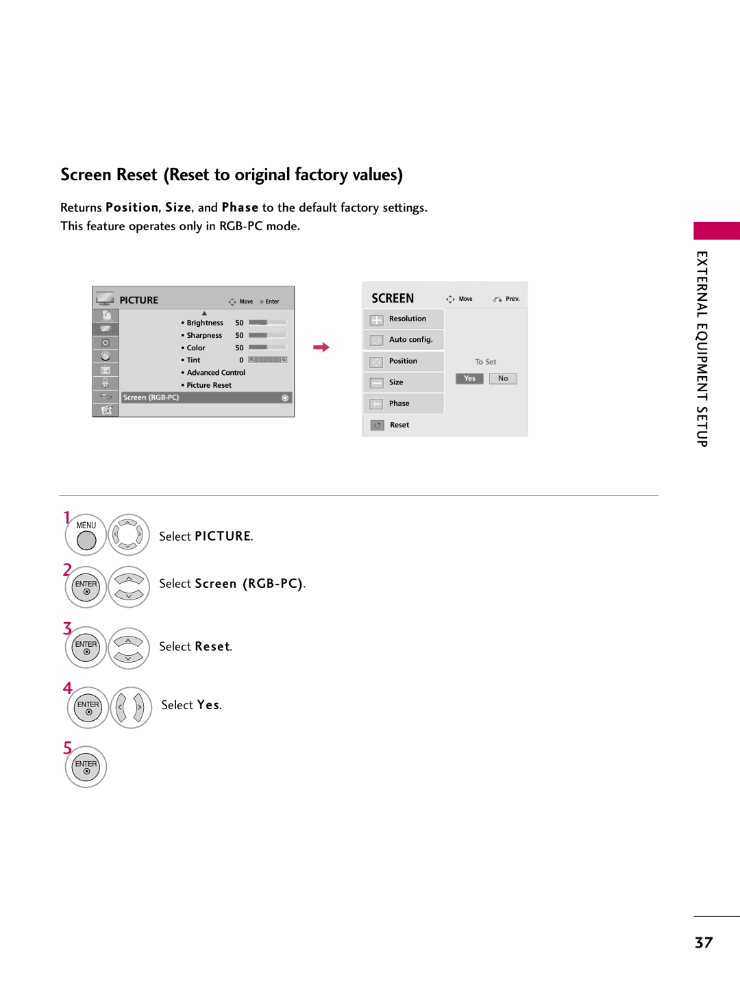 LG Electronics 32LD650H, 55LD650H, 47LD650H, 42LD655H, 37LD655H Screen Reset Reset to original factory values, Select Reset 