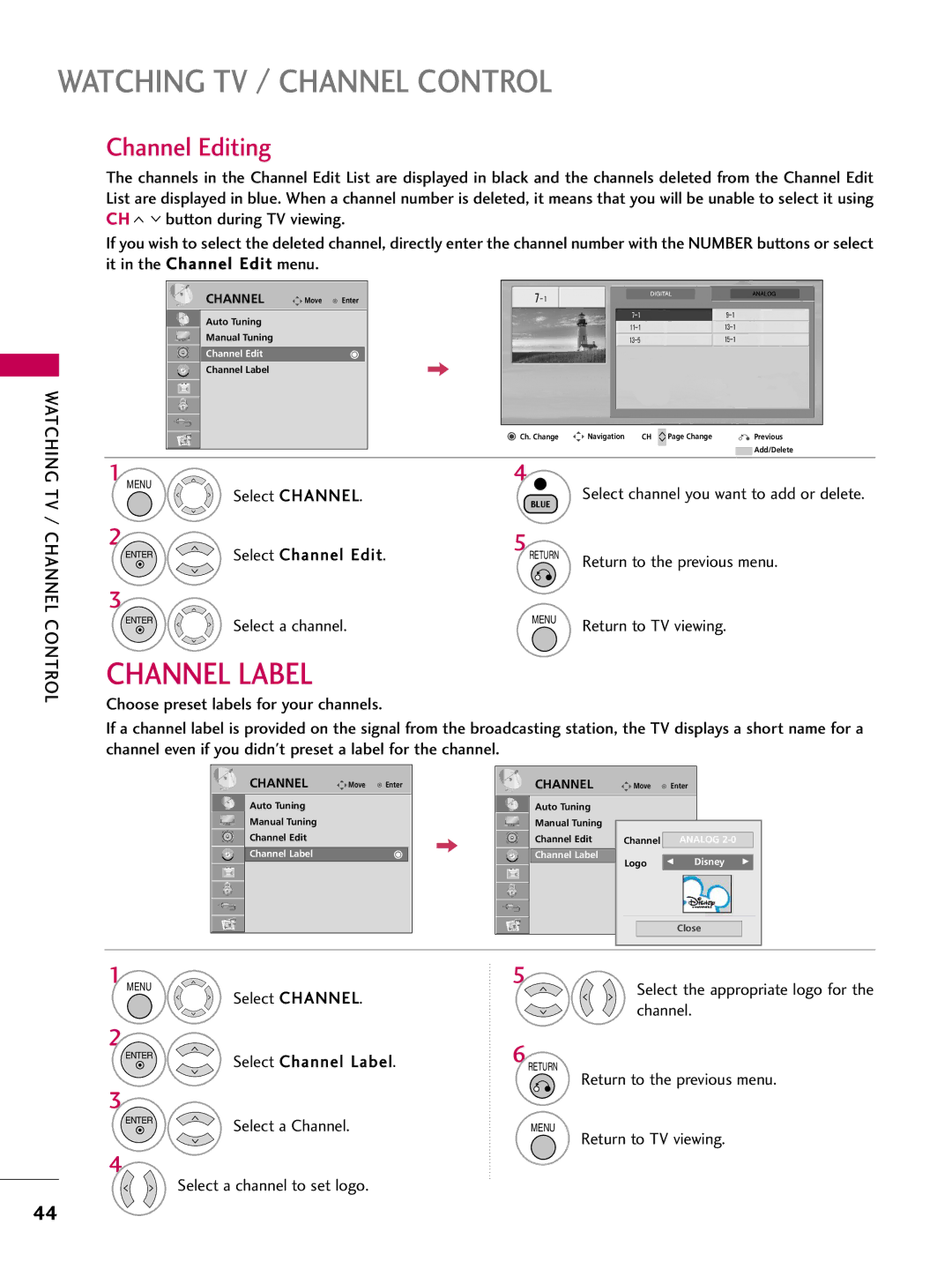 LG Electronics 37LD650H, 55LD650H, 47LD650H, 42LD655H, 37LD655H, 32LD650H, 32LD655H, 42LD650H Channel Label, Channel Editing 