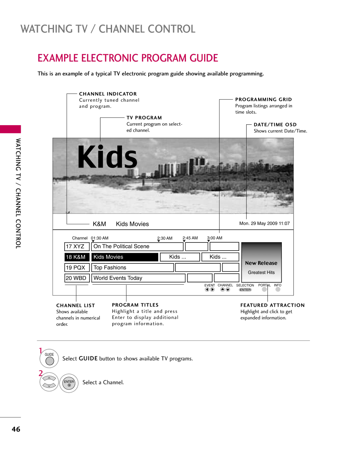 LG Electronics 32LD655H, 55LD650H Example Electronic Program Guide, Select Guide button to shows available TV programs 