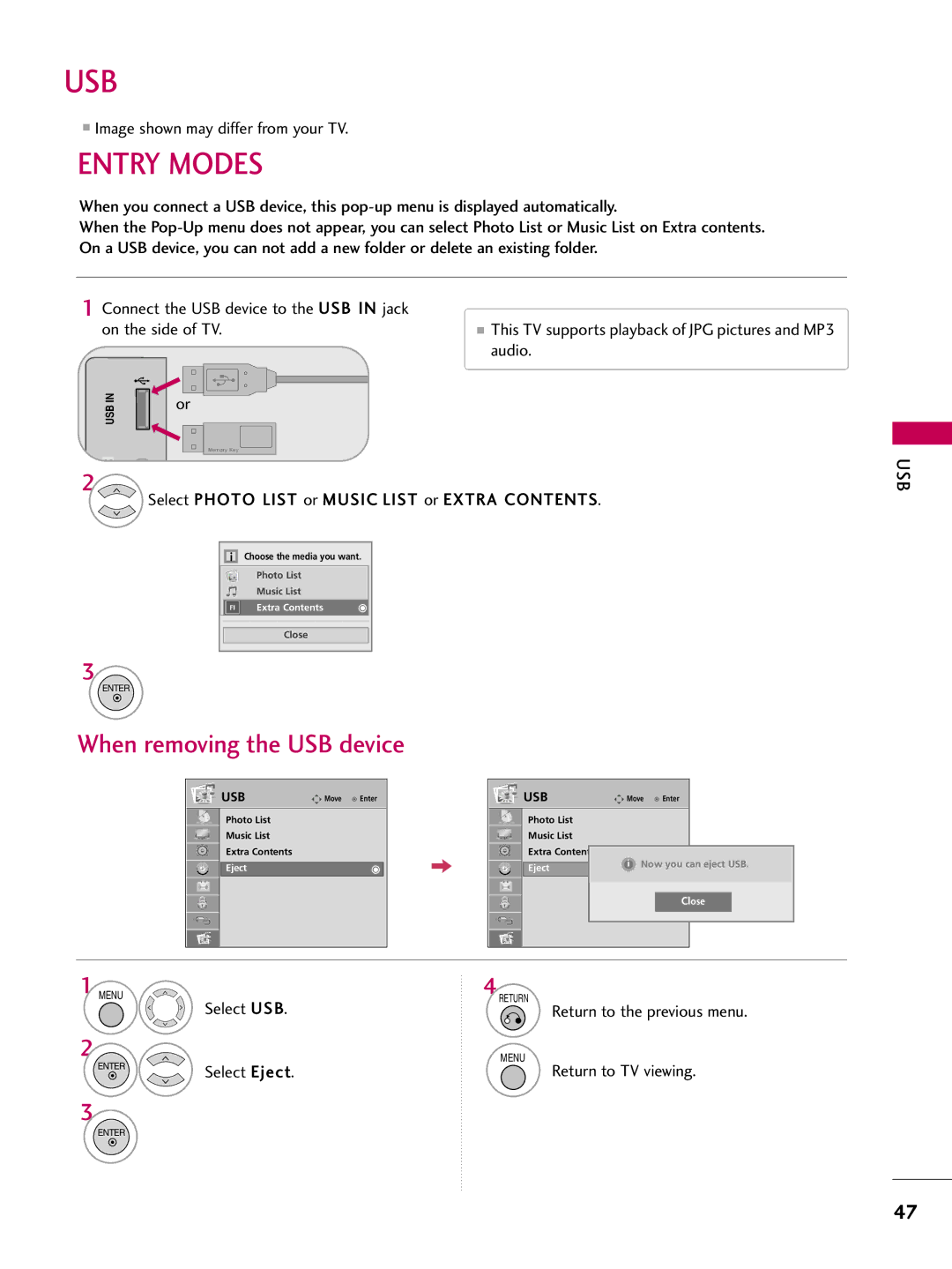 LG Electronics 42LD650H Entry Modes, When removing the USB device, This TV supports playback of JPG pictures and MP3 audio 