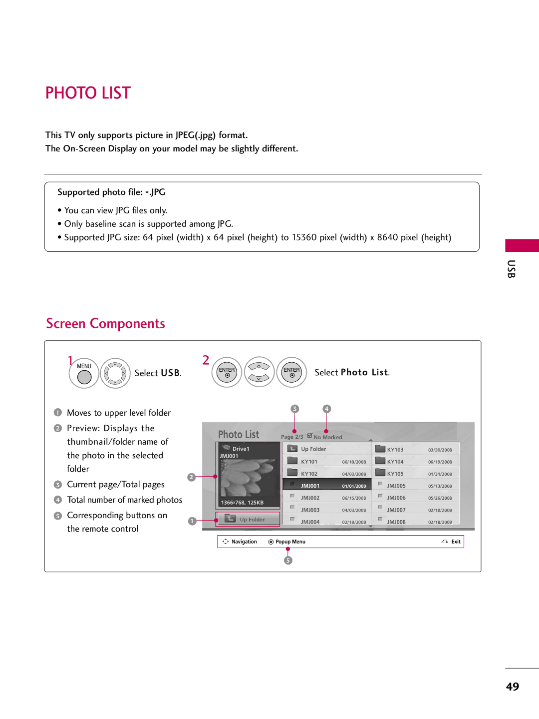 LG Electronics 47LD650H, 55LD650H, 42LD655H, 37LD655H, 37LD650H, 32LD650H Screen Components, Select USB, Select Photo List 