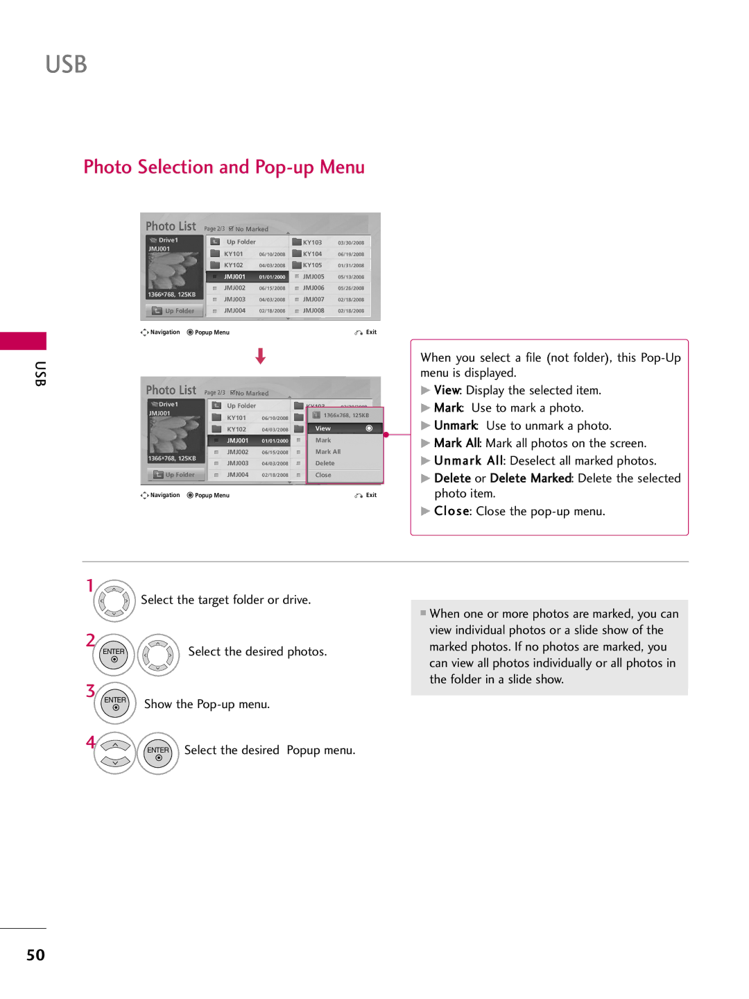 LG Electronics 42LD655H, 55LD650H, 47LD650H, 37LD655H, 37LD650H Photo Selection and Pop-up Menu, Enter Show the Pop-up menu 