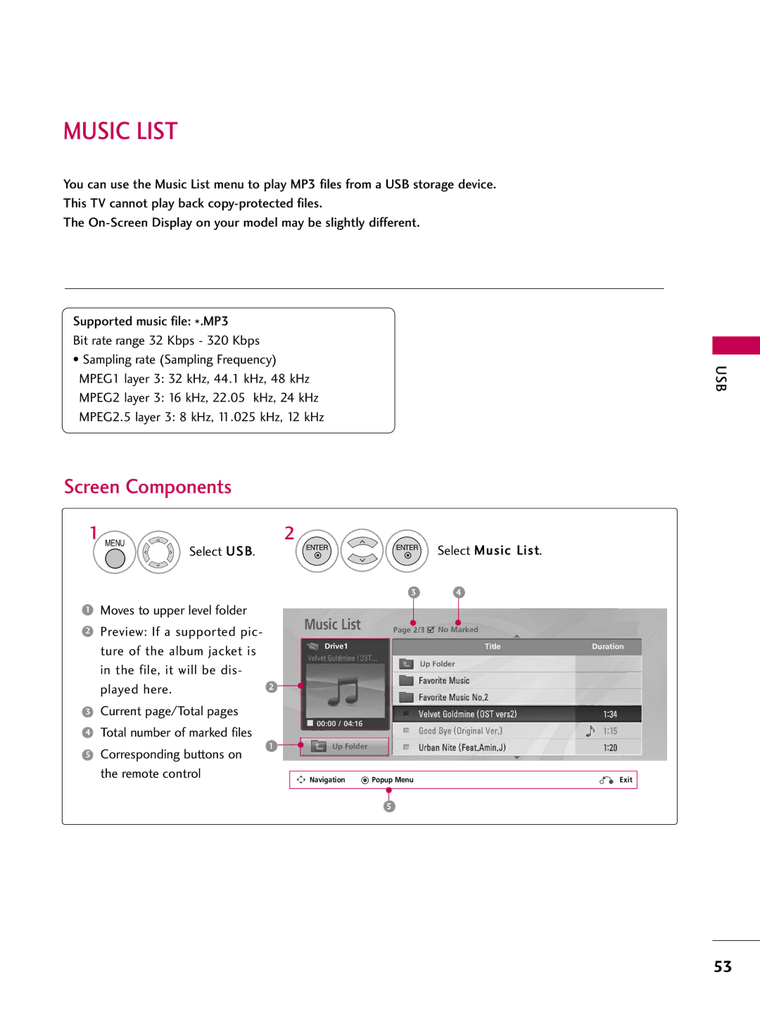 LG Electronics 32LD650H, 55LD650H, 47LD650H, 42LD655H, 37LD655H, 37LD650H, 32LD655H, 42LD650H owner manual Select Music List 