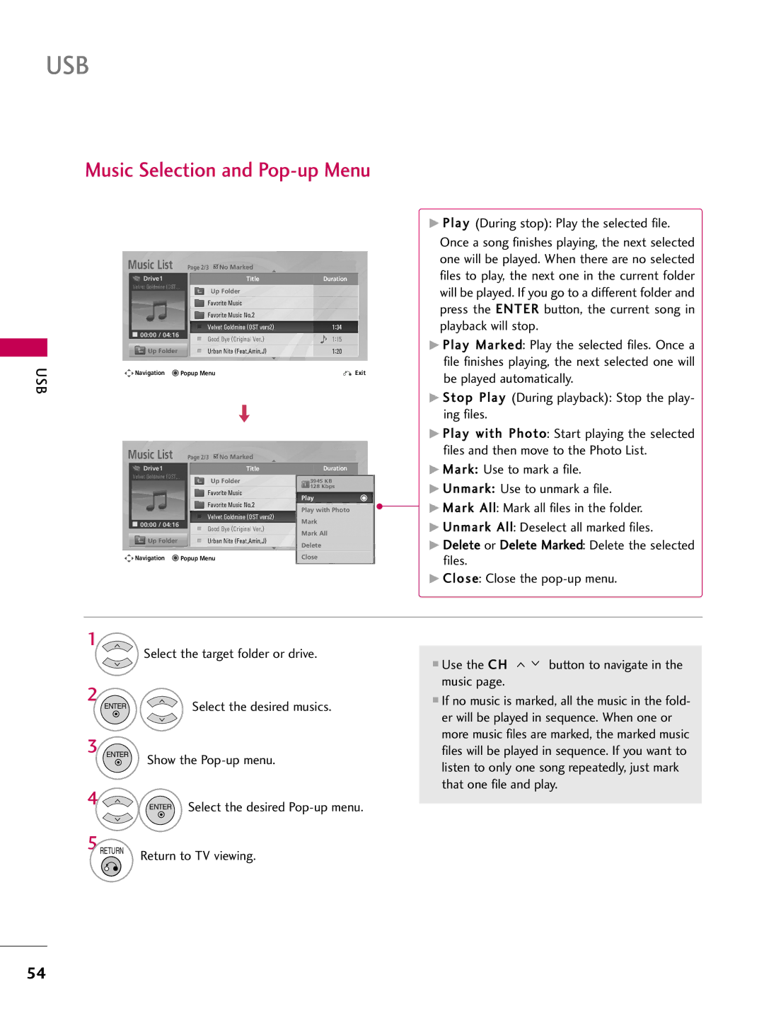 LG Electronics 32LD655H, 55LD650H Music Selection and Pop-up Menu, Select the desired musics, Show the Pop-up menu 