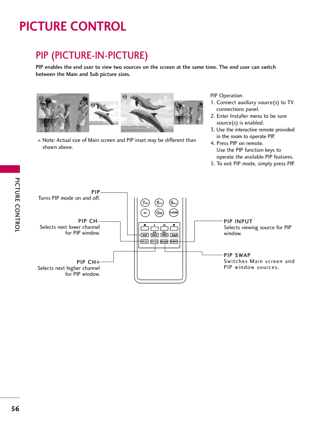 LG Electronics 55LD650H, 47LD650H, 42LD655H, 37LD655H, 37LD650H, 32LD650H, 32LD655H Picture Control, Pip Picture-In-Picture 