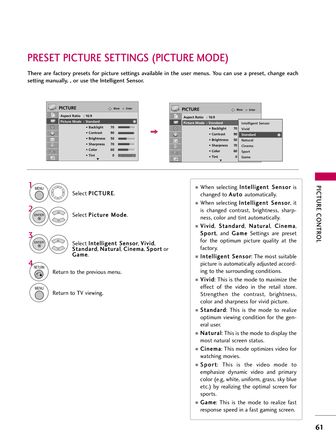 LG Electronics 32LD650H, 55LD650H, 47LD650H, 42LD655H, 37LD655H, 37LD650H, 32LD655H Preset Picture Settings Picture Mode 