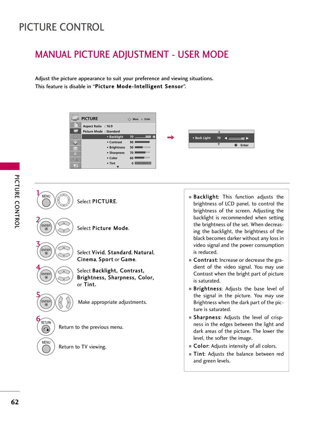 LG Electronics 32LD655H, 55LD650H, 47LD650H, 42LD655H, 37LD655H, 37LD650H, 32LD650H Manual Picture Adjustment User Mode 