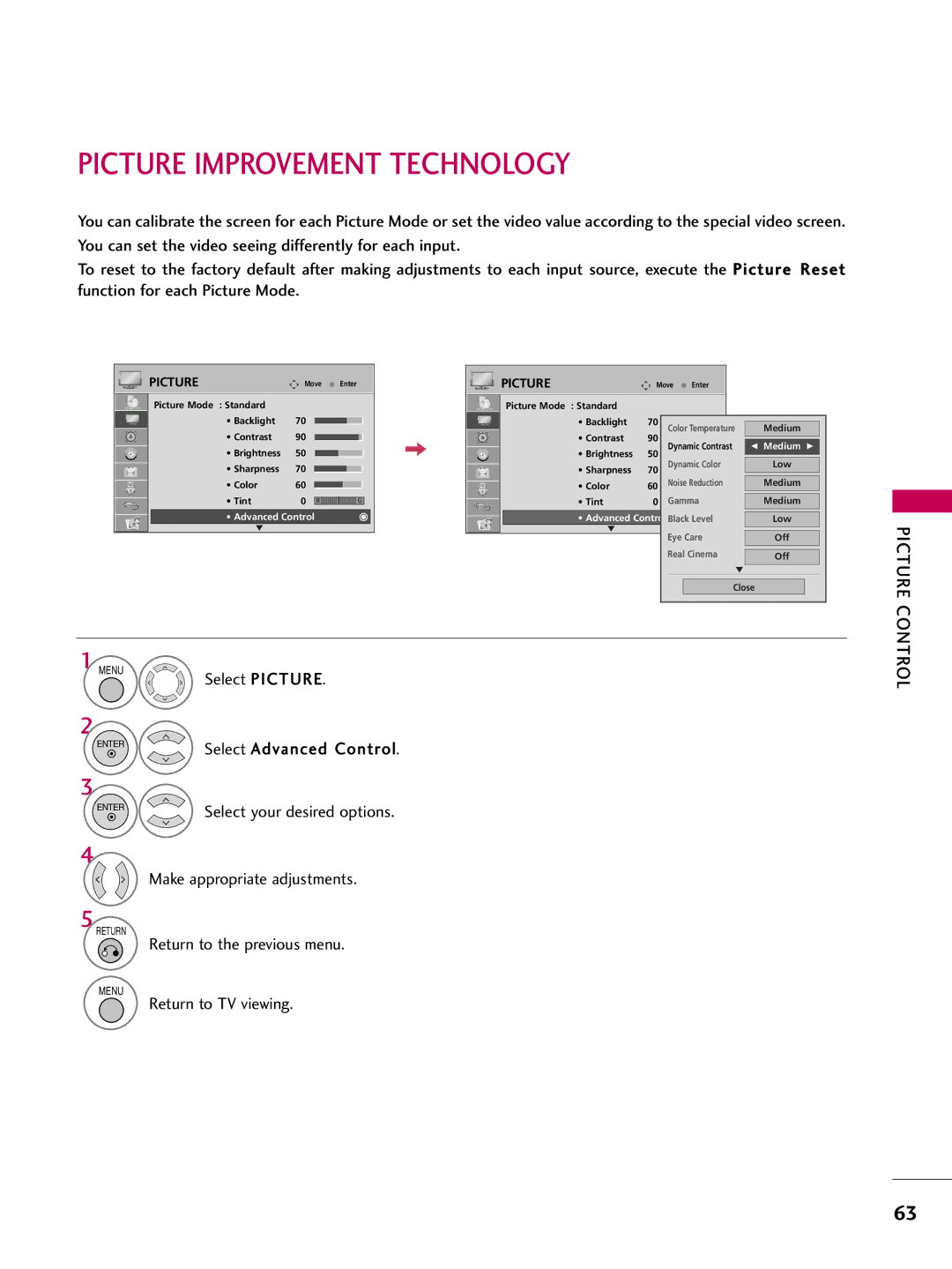 LG Electronics 42LD650H, 55LD650H, 47LD650H, 42LD655H, 37LD655H, 37LD650H Picture Improvement Technology, Select Picture 