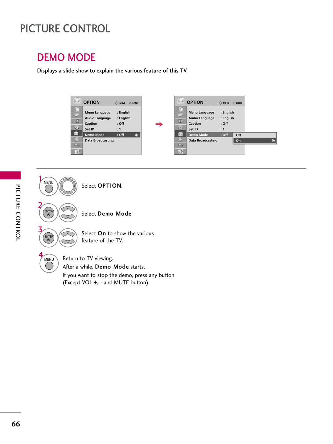 LG Electronics 42LD655H, 55LD650H, 47LD650H, 37LD655H, 37LD650H, 32LD650H, 32LD655H, 42LD650H Demo Mode, Select Option 