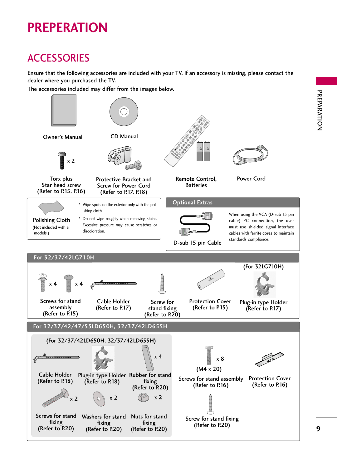 LG Electronics 47LD650H, 55LD650H Preperation, Accessories, Polishing Cloth, For 32/37/42LD650H, 32/37/42LD655H, M4 x 