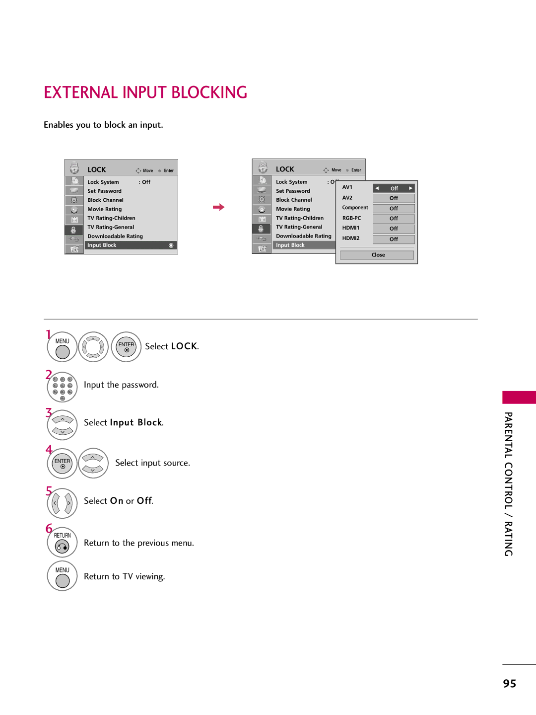 LG Electronics 42LD650H, 55LD650H, 47LD650H, 42LD655H, 37LD655H External Input Blocking, Enables you to block an input 