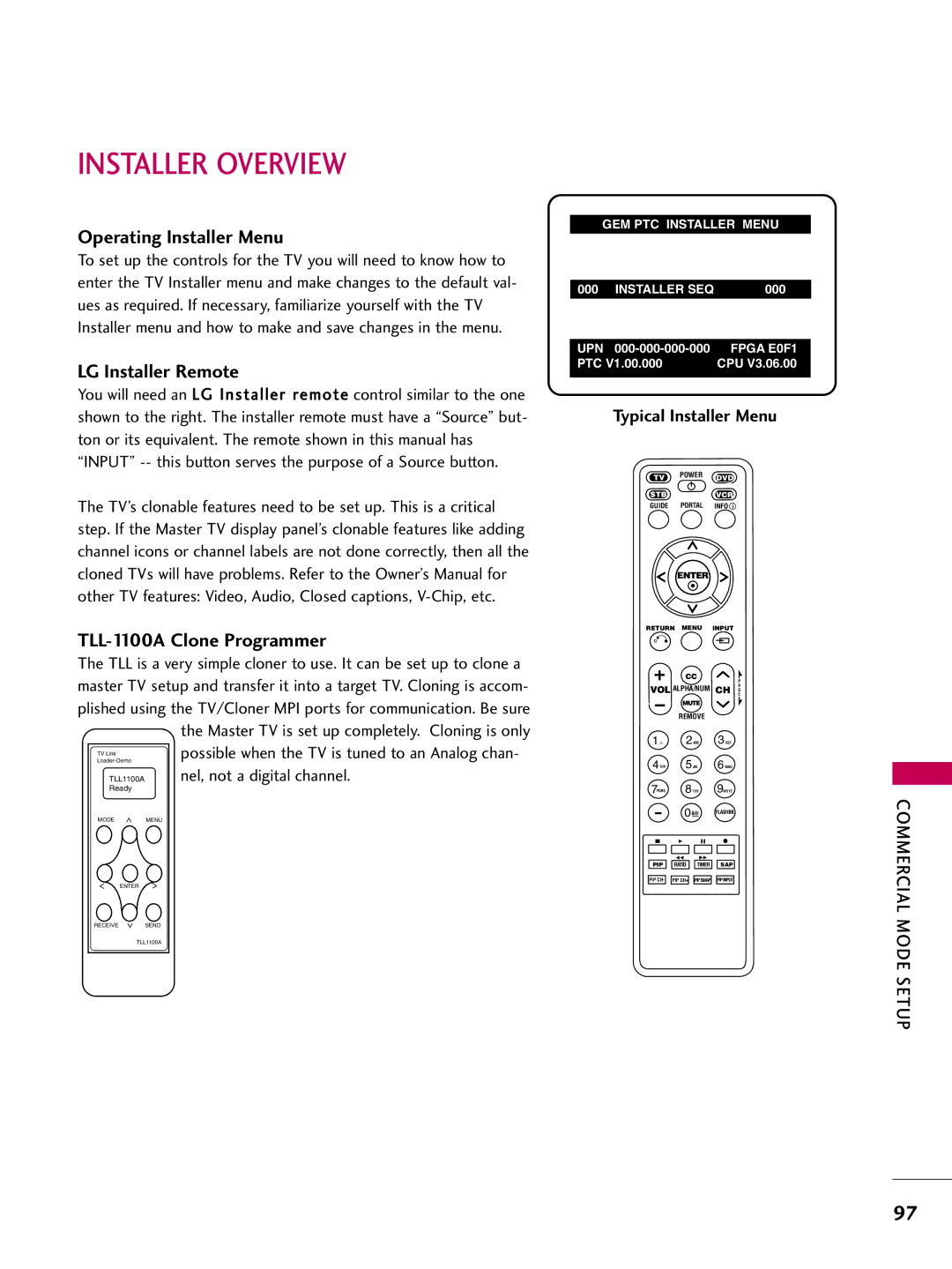 LG Electronics 47LD650H Installer Overview, Operating Installer Menu, LG Installer Remote, TLL-1100A Clone Programmer 