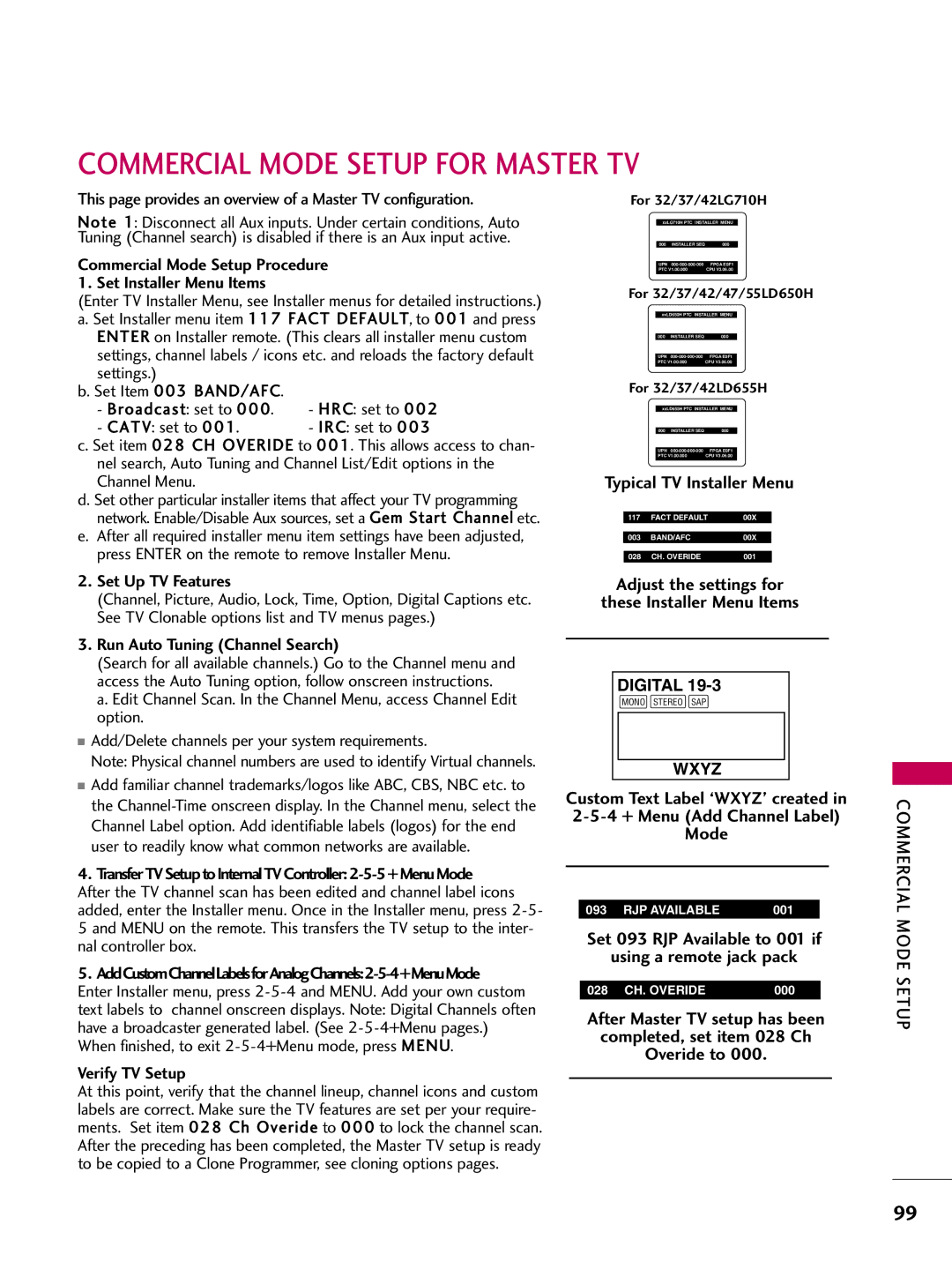 LG Electronics 37LD655H Commercial Mode Setup for Master TV, This page provides an overview of a Master TV configuration 