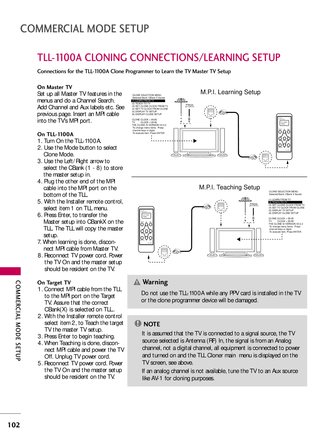 LG Electronics 42LD655H Turn On the TLL-1100A, Clone Mode, Use the Left/Right arrow to, Master setup, Bottom of the TLL 