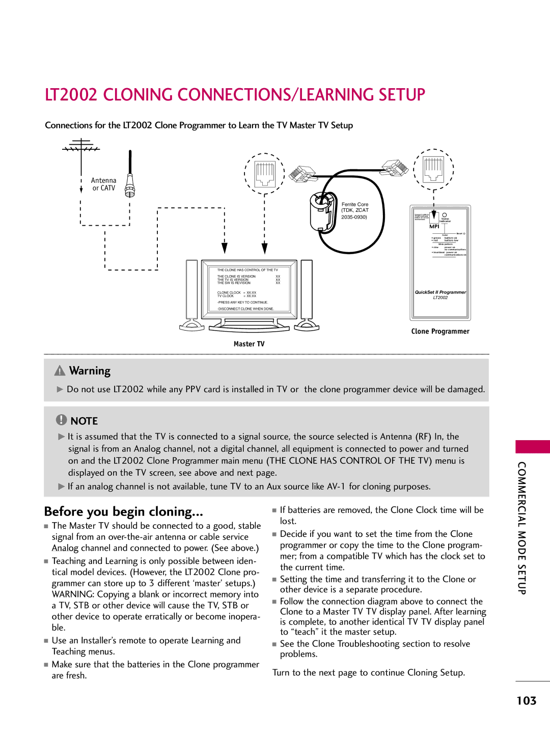 LG Electronics 37LG710H, 55LD650H, 47LD650H LT2002 Cloning CONNECTIONS/LEARNING Setup, Before you begin cloning, Mode Setup 