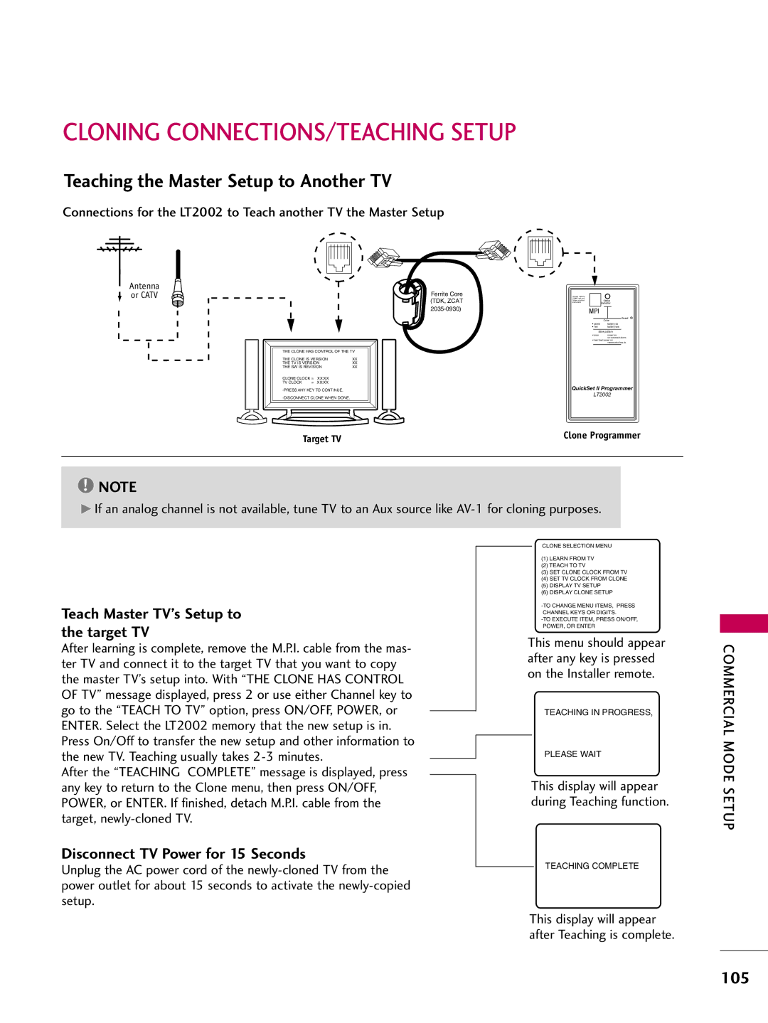 LG Electronics 37LD650H, 55LD650H, 47LD650H Cloning CONNECTIONS/TEACHING Setup, Teaching the Master Setup to Another TV 