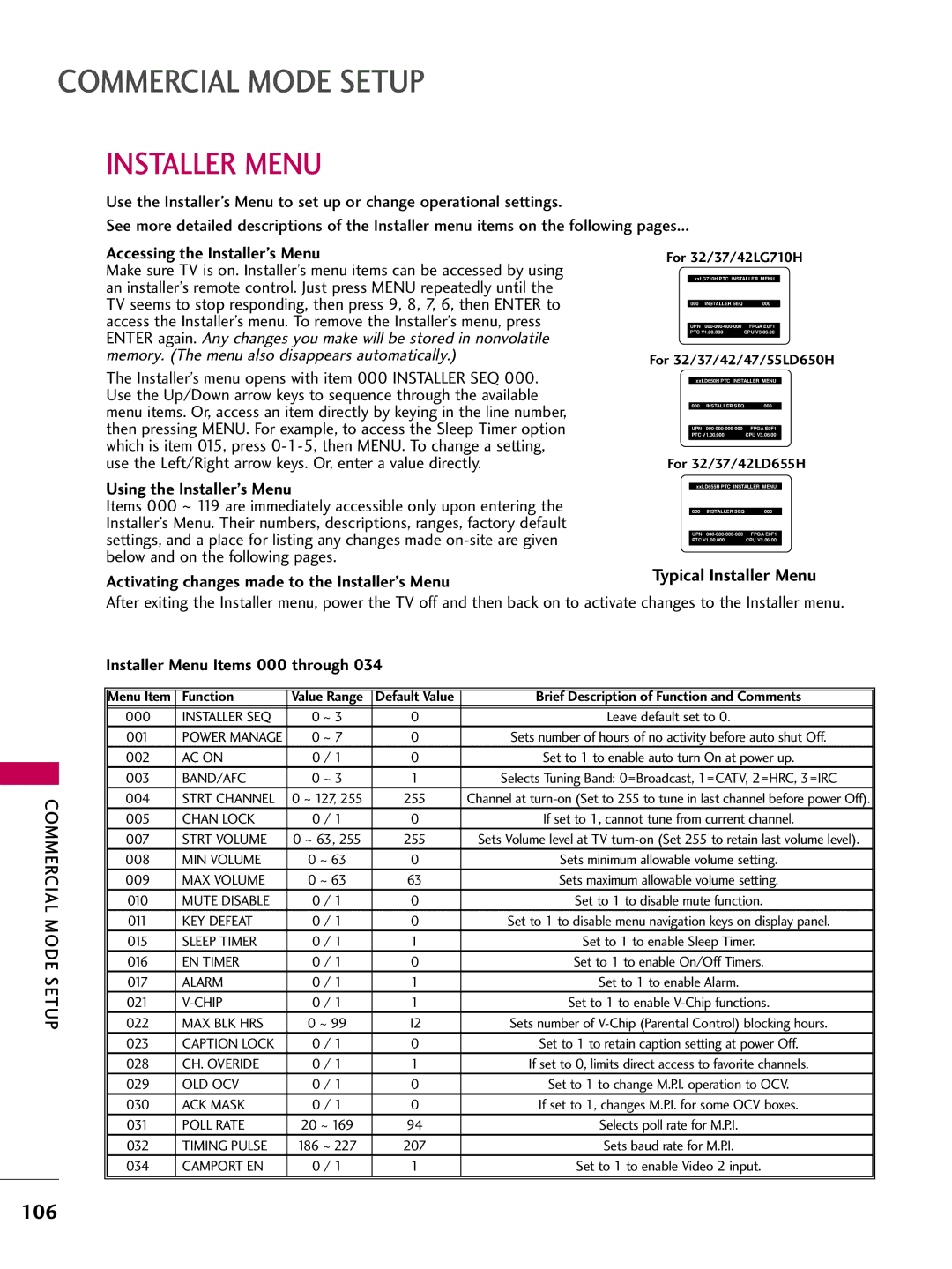 LG Electronics 32LD650H, 55LD650H, 47LD650H, 42LG710H, 42LD655H, 37LG710H Installer Menu, Accessing the Installer’s Menu 