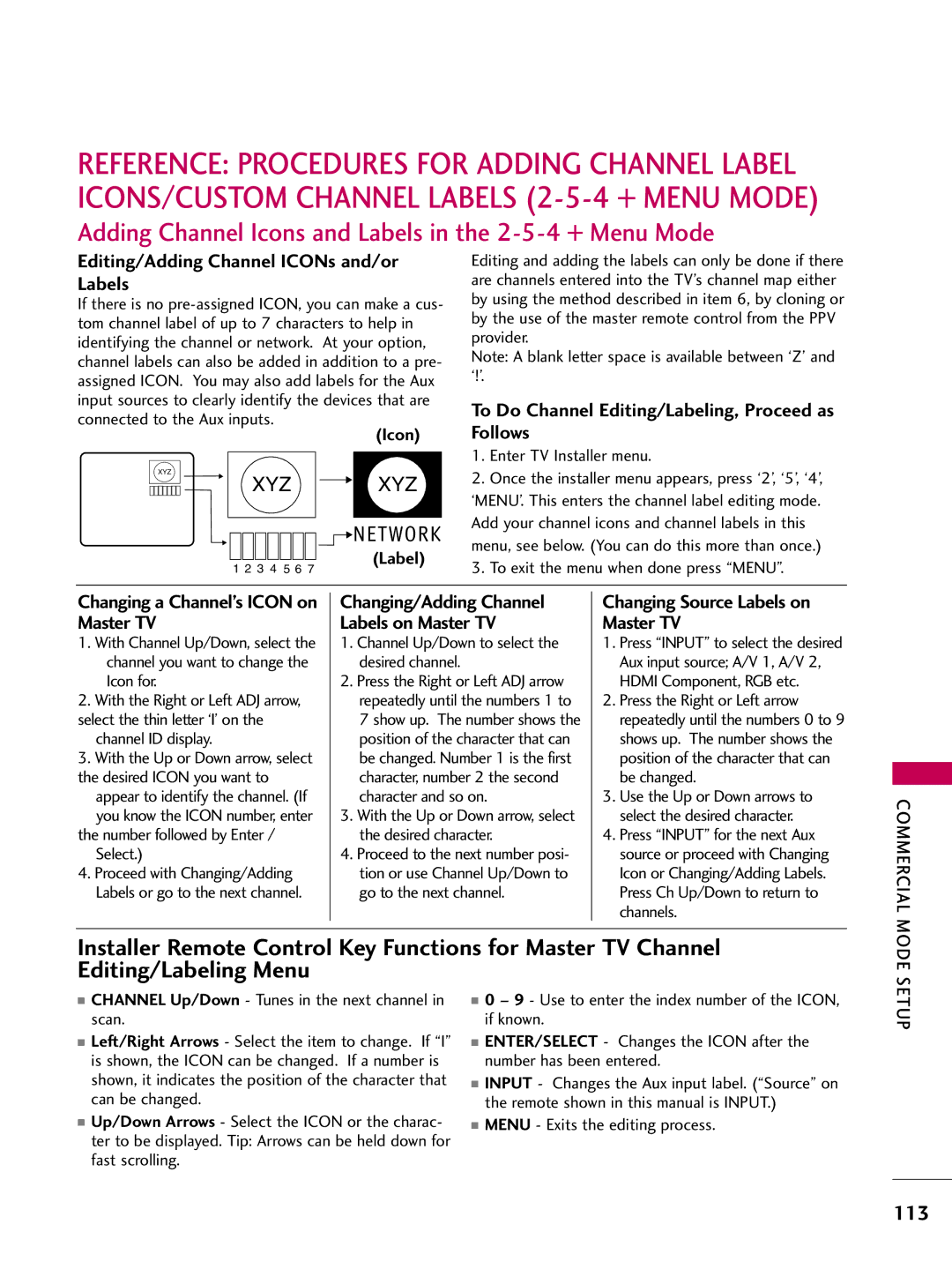 LG Electronics 42LD655H Adding Channel Icons and Labels in the 2-5-4 + Menu Mode, Changing a Channel’s Icon on Master TV 