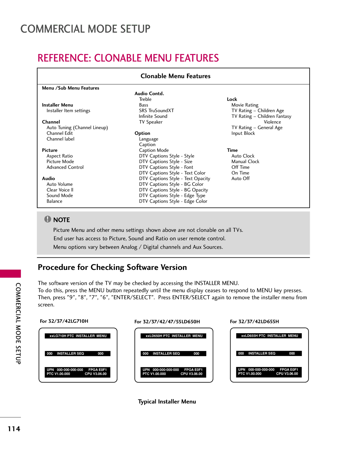 LG Electronics 37LG710H, 55LD650H, 47LD650H Reference Clonable Menu Features, Procedure for Checking Software Version 